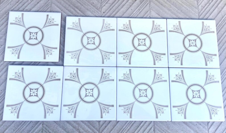 70s Spanish vintage tiles – White + light brown retro tiles — set of 8, photo 3 of 9