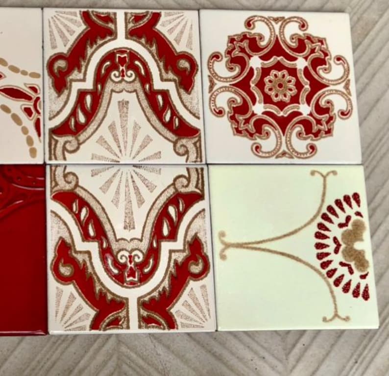 8 Spanish 70s vintage tiles – Mid century red, brown geometric Fat Lava tiles, photo 6 of 7