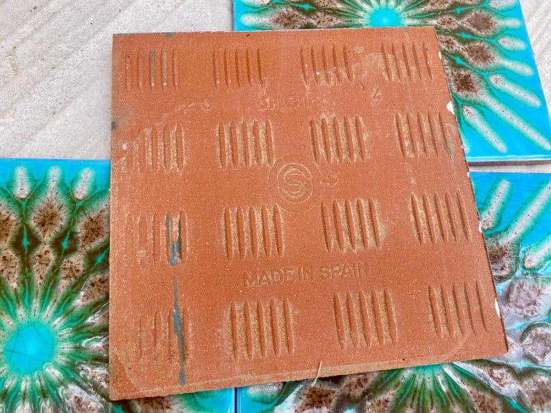 Original 70s vintage glazed blue retro tiles — set of 4, photo 10 of 10