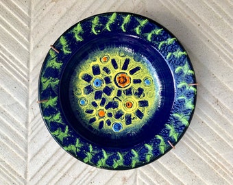 MCM 60s - 70s Vintage enamel tray made in Spain. Fat lava mid century decor. Flower power, groovy  hand painted ring or jewelry small tray