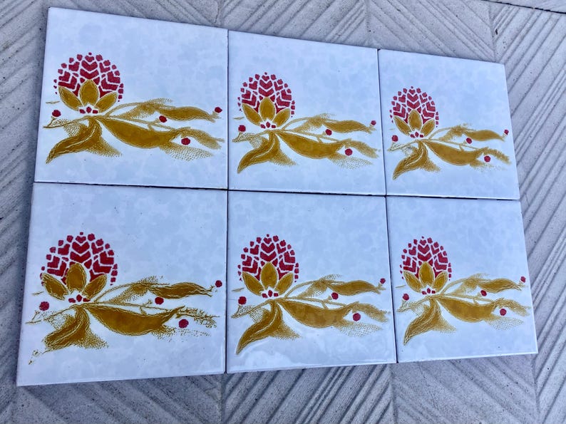 Vintage 70s tiles – 6 pc botanic - Fat Lava Original salvaged retro tiles, photo 6 of 9