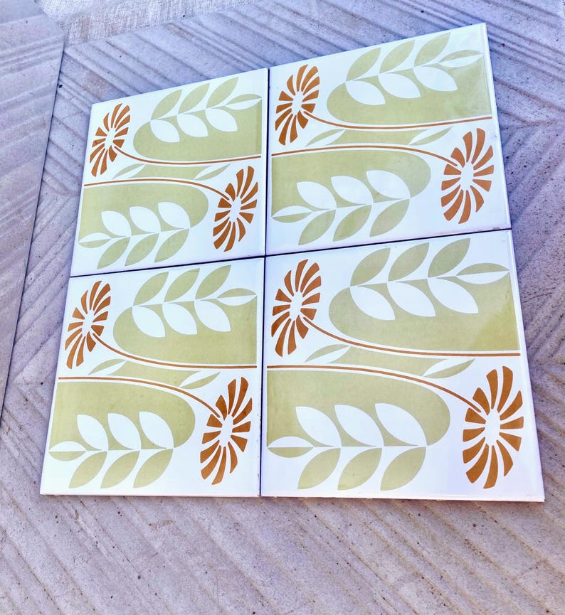60s 70s Spanish vintage retro tiles – pop orange + green daisies backsplash — set of 4, photo 4 of 7