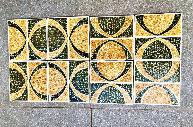 Vintage green, ochre 70s geometric tiles — set of 8, photo 3 of 8