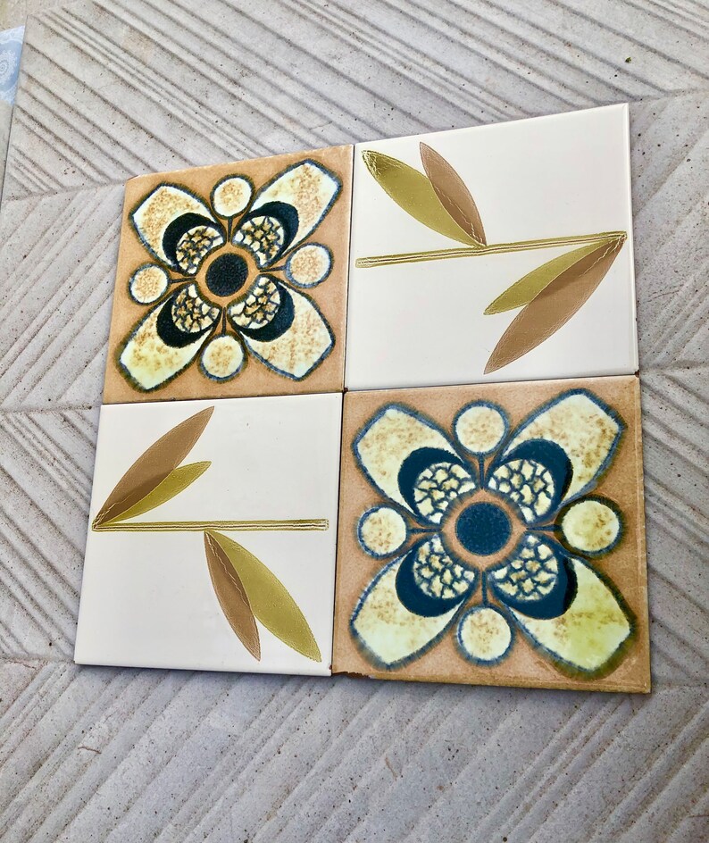 60s 70s Spanish vintage retro tiles – pop art brown + green MCM tiles — set of 4, photo 7 of 8