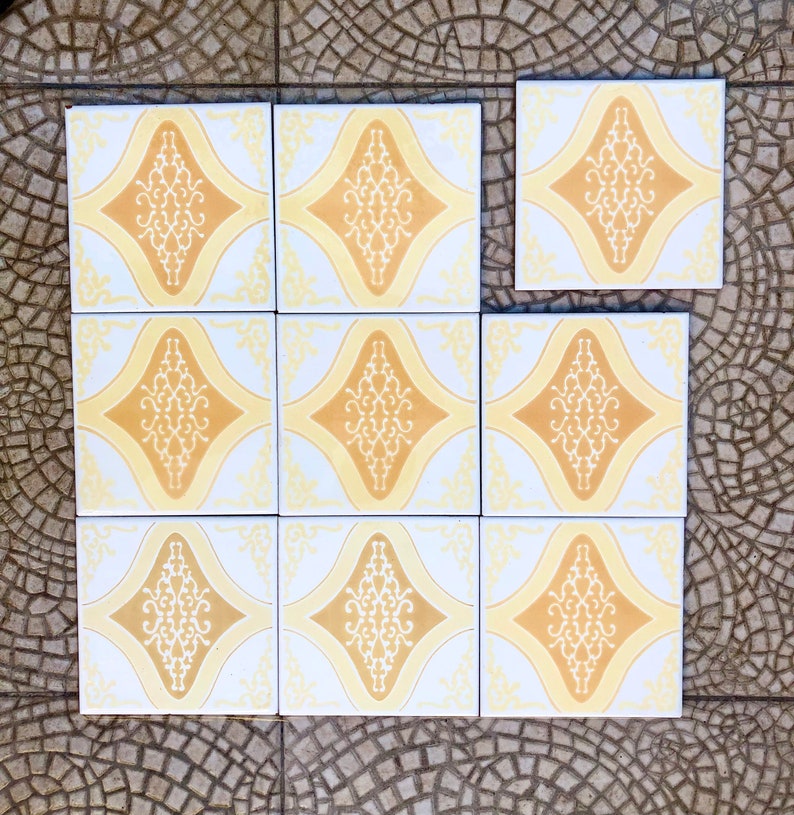 60s 70s vintage geometric tiles, Unused – 9 pc set yellow, orange, pop art tiles, photo 2 of 10