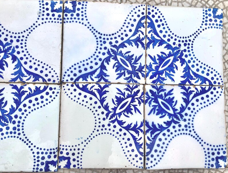 8 antique Art Nouveau blue + white original early 20th century Spanish decorative tiles, photo 3 of 10