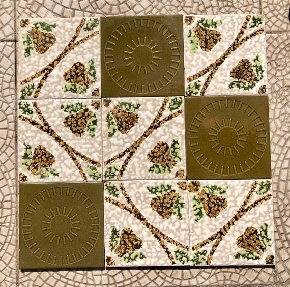 9 mid century Green and brown Fat Lava, brutalist tiles from Spain