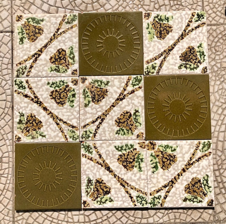 9 mid century Green and brown Fat Lava, brutalist tiles from Spain, photo 1 of 10