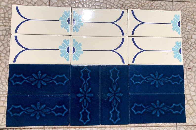 12 vintage blue + white mid century original Spanish tiles, photo 3 of 10