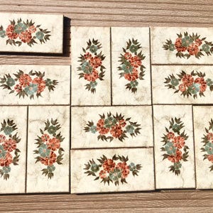 Spanish vintage 70s  FAT LAVA  floral retro tiles. 12 unused brutalist -romantic  tiles in green + burgundy. Original MCM decorative tiles.