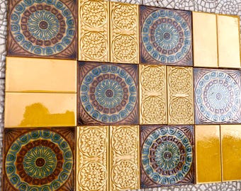 Brutalist style border tiles from Spain. 12 yellow glazed tiles + 6 mandala blue, yellow, brown tiles. Original 70s backsplash retro tiles.