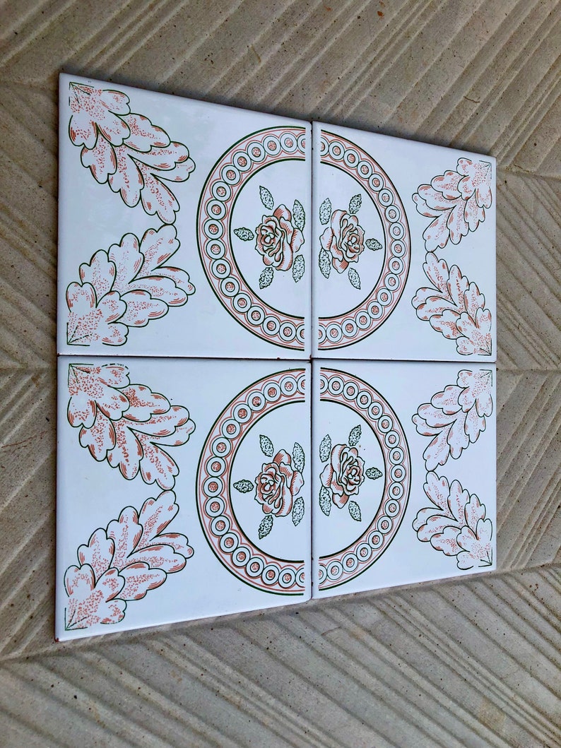 4 Spanish 60s - 70s orange + green retro tiles, photo 2 of 10