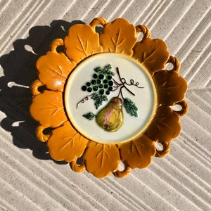Vintage 30s 40s decorative plate from Spain. Beautiful lusterware hand painted embossed fruit design. Original antique kitchen decor