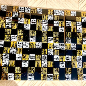 6 Spanish 50s vintage tiles. Black, mustard yellow, white, pop art style retro tiles.Geometric wall decor, mid century tiles, 60s backsplash