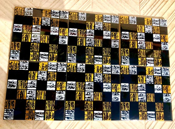 6 Spanish 50s vintage tiles – Black, mustard yellow, white, pop art style retro tiles