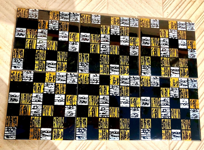 6 Spanish 50s vintage tiles – Black, mustard yellow, white, pop art style retro tiles, photo 1 of 7