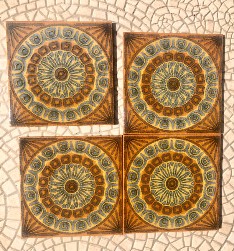 Original 70s retro tiles – 4 pcs Brown, blue, terracotta, photo 2 of 8