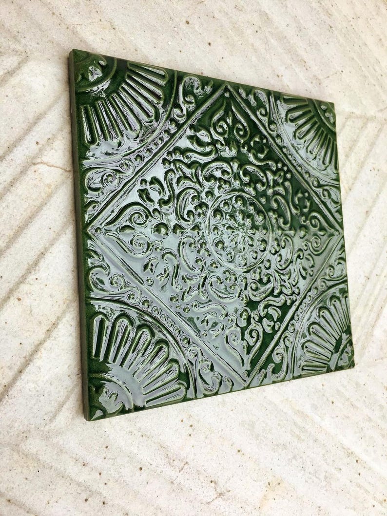 Art Nouveau style floral border green tile set from Spain — set of 22, photo 9 of 10