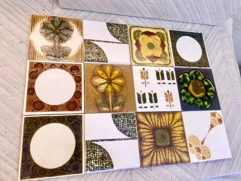 Vintage ochre, yellow, orange, green glazed retro tiles — set of 12, photo 3 of 10