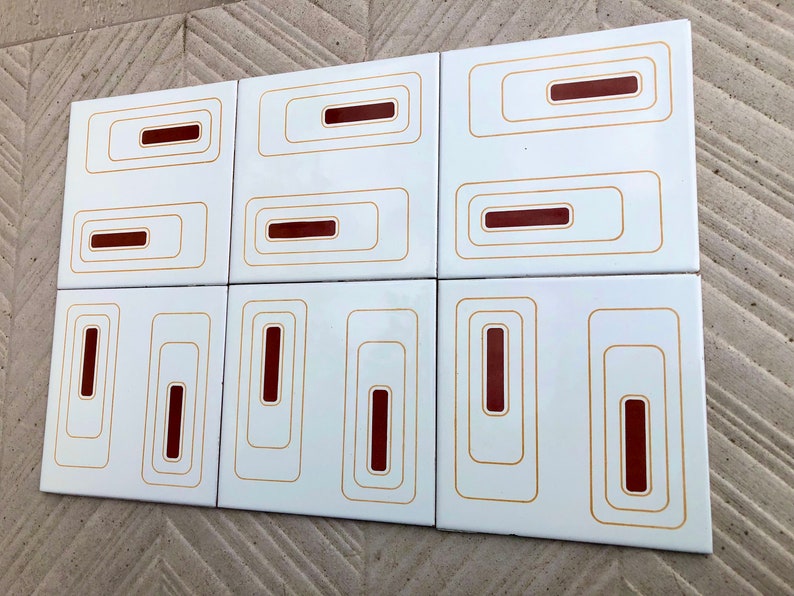 6 Spanish 70s vintage tiles – Brown, mustard yellow, cream, pop art style tiles, photo 3 of 10