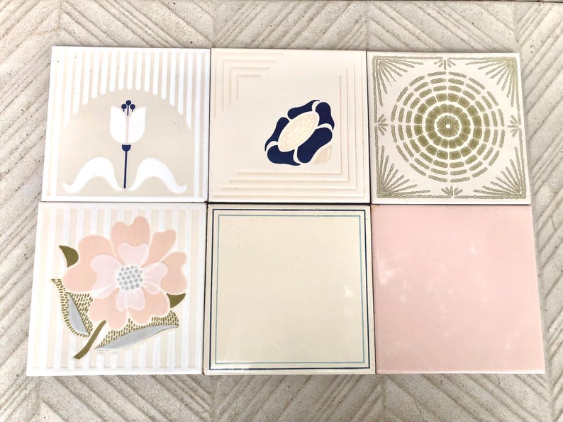 70s pink, beige, blue retro tiles — set of 6, photo 4 of 10