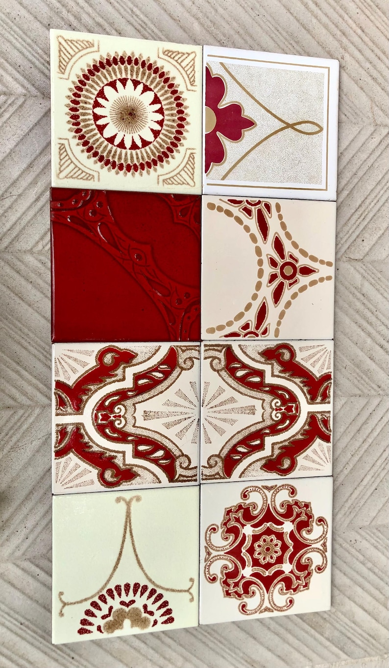 8 Spanish 70s vintage tiles – Mid century red, brown geometric Fat Lava tiles, photo 3 of 7