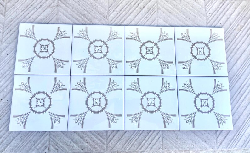 70s Spanish vintage tiles – White + light brown retro tiles — set of 8, photo 4 of 9