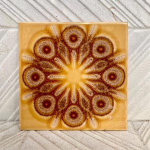 Può includere: Piastrella quadrata in ceramica con un motivo floreale. La piastrella presenta un'esplosione gialla centrale circondata da forme a petalo marroni e gialle. La piastrella ha una finitura lucida ed è posizionata su una superficie bianca strutturata.