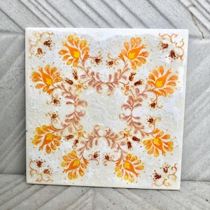 60s 70s German orange  retro tiles. 6 pc set. Vintage ORiGINAL unused mid century floral decorative tiles. Flower power, romantic backsplash