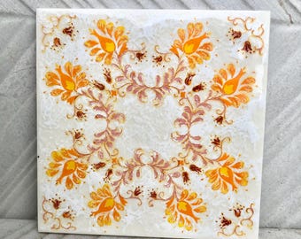 60s 70s German orange  retro tiles. 6 pc set. Vintage ORiGINAL unused mid century floral decorative tiles. Flower power, romantic backsplash