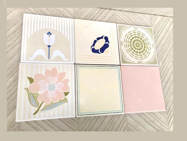 70s pink, beige, blue retro tiles — set of 6, photo 2 of 10