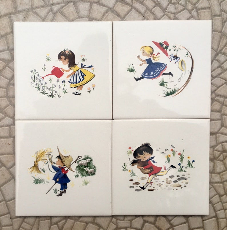 Nursery rhymes: Set of 4 vintage tiles, photo 1 of 9