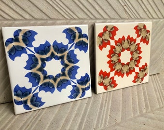 2 vintage 70s groovy majolica tiles in red and blue.Spanish mid century fat lava ceramic tiles.Geometric 60s decor.Salvaged decorative tiles