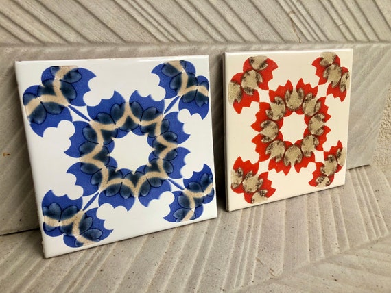2 vintage 70s groovy majolica tiles in red and blue