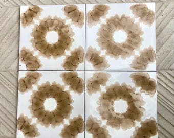 4 pc - 70s vintage tiles. Mid century ,brown fat lava tiles from Spain. Groovy 60s wall art. Geometric flower power tile mural backsplash