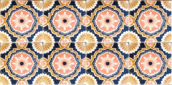 Vintage blue + pink 70s glazed tiles — set of 8