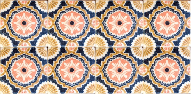 Vintage blue + pink 70s glazed tiles — set of 8, photo 1 of 9