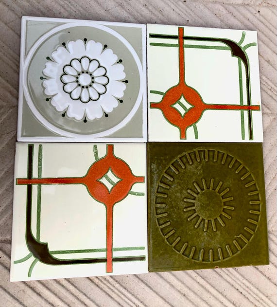 Vintage tiles from Spain – 4 tile mural – 70s flower power in green, orange, cream