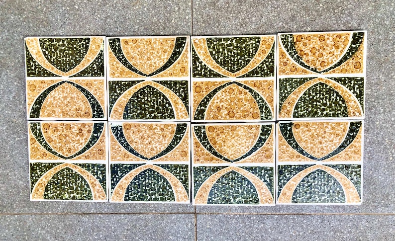 Vintage green, ochre 70s geometric tiles — set of 8, photo 4 of 8