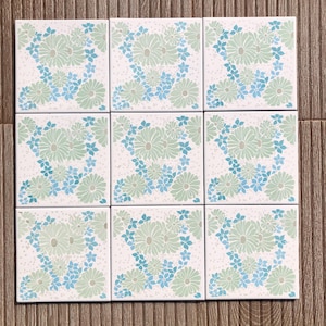 Spanish 60s 70s vintage tiles. SALVAGED.9 pc blue + green floral groovy retro tiles. MCM wall decor, mid century decorative backsplash tiles