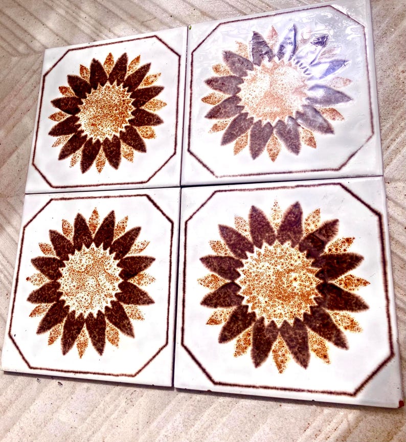 Original 70s retro tiles – 4 pcs Brown, cream, Fat Lava sunflower tiles, photo 2 of 10