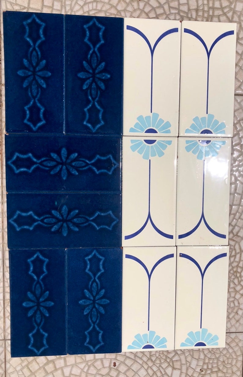 12 vintage blue + white mid century original Spanish tiles, photo 8 of 10