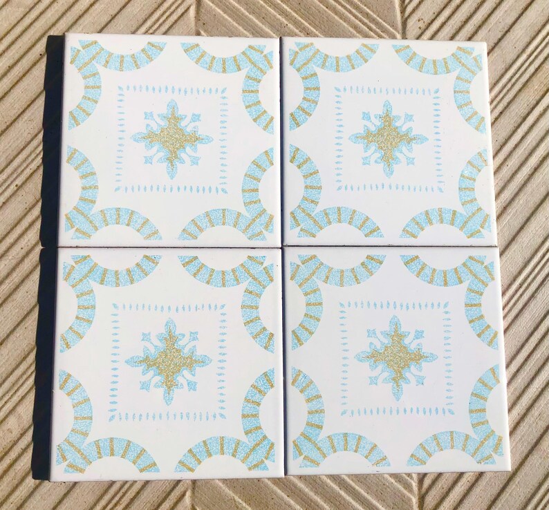 4 Vintage 70s Salvaged blue + ochre Spanish tiles, photo 6 of 9