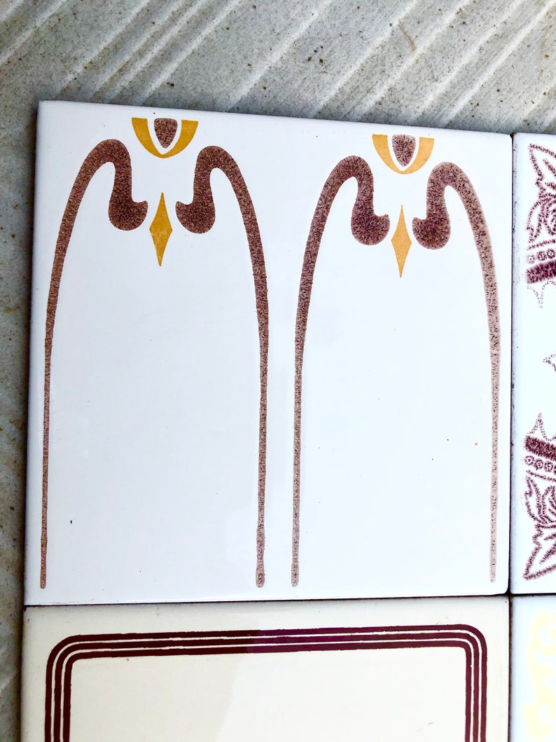 60s 70s vintage sunray geometric tiles in orange, yellow, brown — set of 4, photo 5 of 10