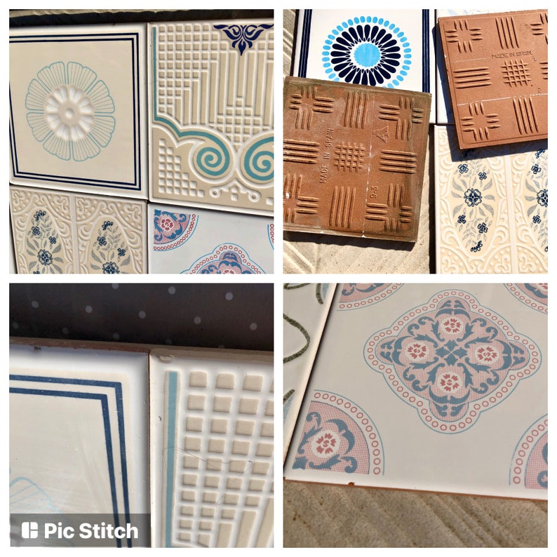 9 Spanish vintage tiles from the 60s - 70s – Unused blue, green, pink + yellow floral tiles, photo 9 of 10
