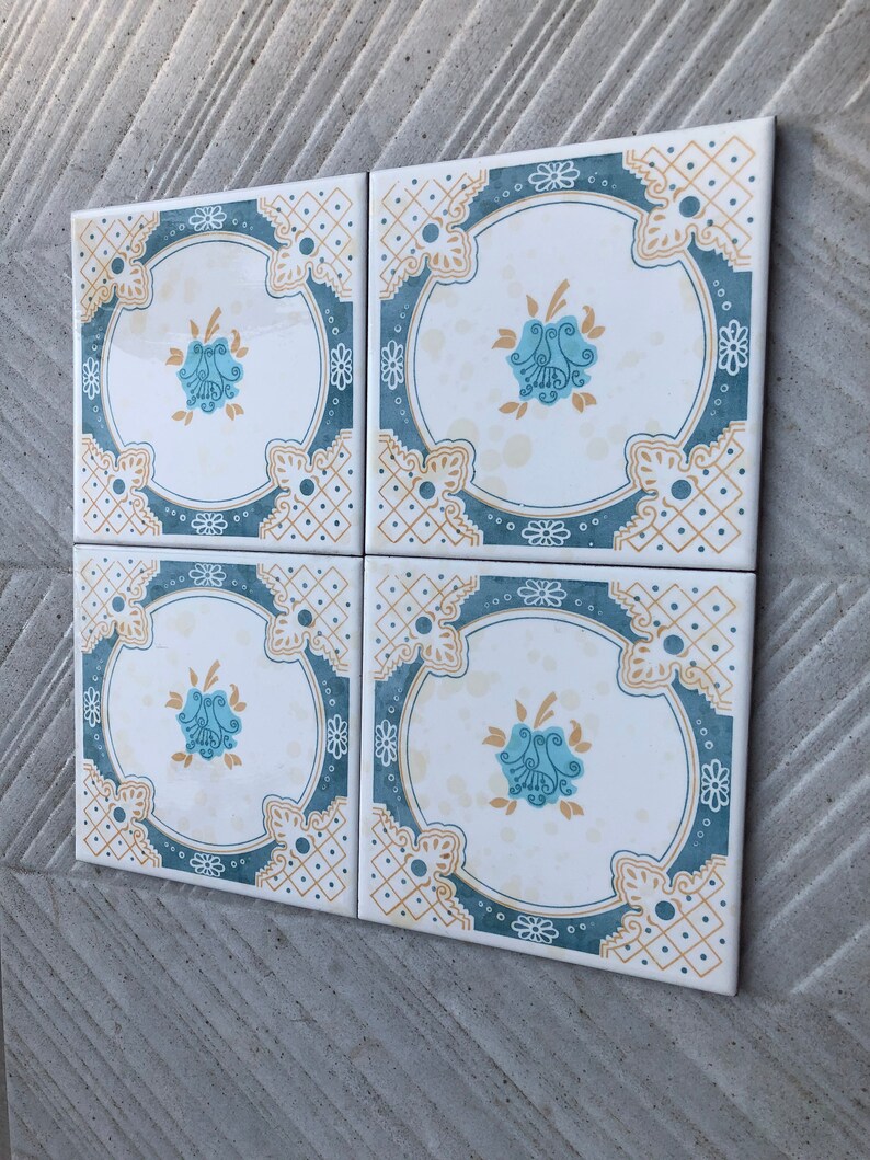 4 Spanish 70s blue and ochre tiles, photo 9 of 10