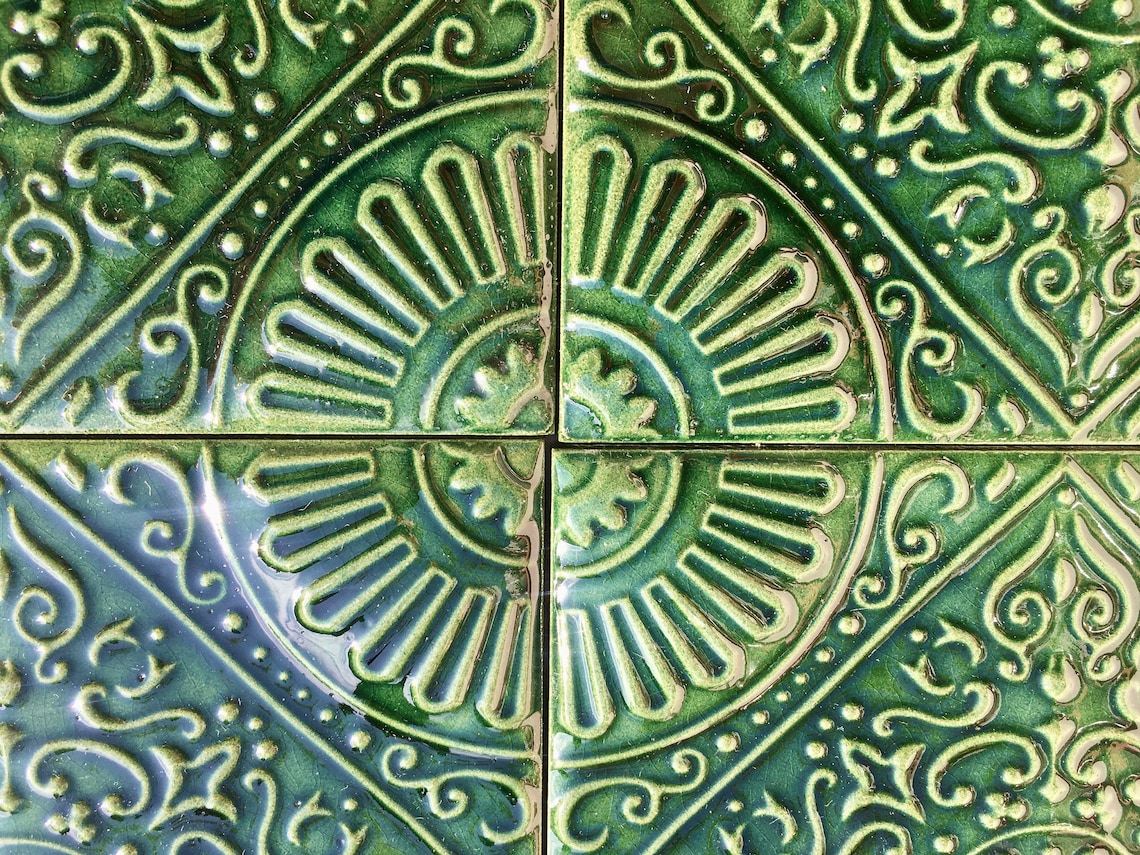 Art Nouveau Style majolica tiles. 1 pc. Green embossed glazed Etsy