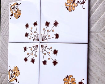 Spanish vintage tiles from the 70s. Brown + mustard yellow. Geometric  60s 70s wall decor, Pantone, mid century backsplash decorative tiles.