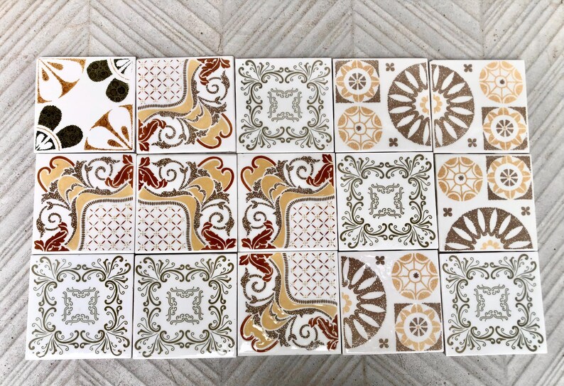 Vintage ochre, brown, red retro tiles — set of 15, photo 2 of 10