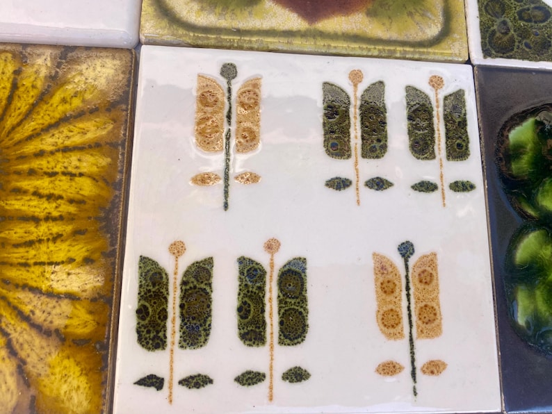 Vintage ochre, yellow, orange, green glazed retro tiles — set of 12, photo 8 of 10